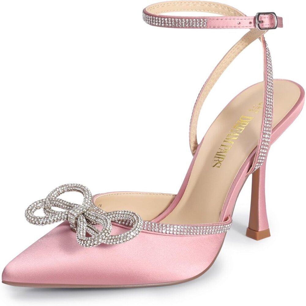 🆕 Women Pink Ankle Strap Sparkly Bow Shine Star Wrap-Around High-Heel Pumps